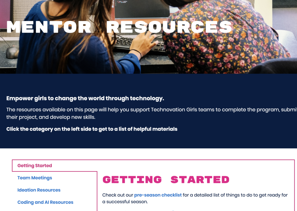 screenshot of the mentor resource webpage, title in bold says Getting Started